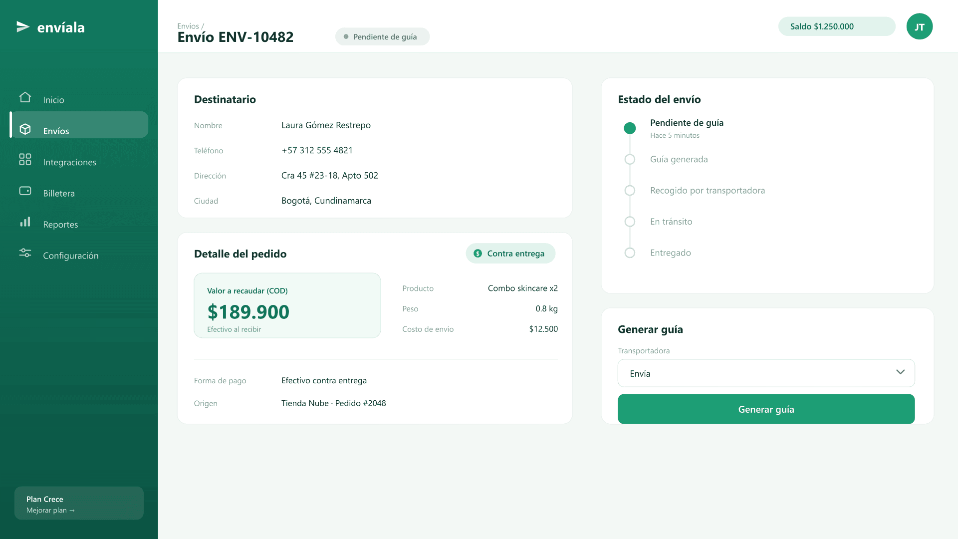 Detalle de un envío en envíala con valor a recaudar contra entrega y generación de guía